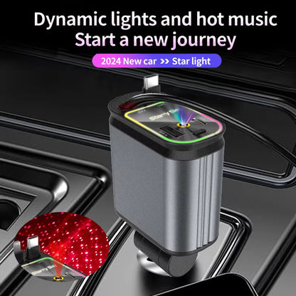 4-In-1 PD30W Car Fast Charger USB Type-C Power Adapter Retractable Phone Charger with Roof Starlight for IOS Android Phones