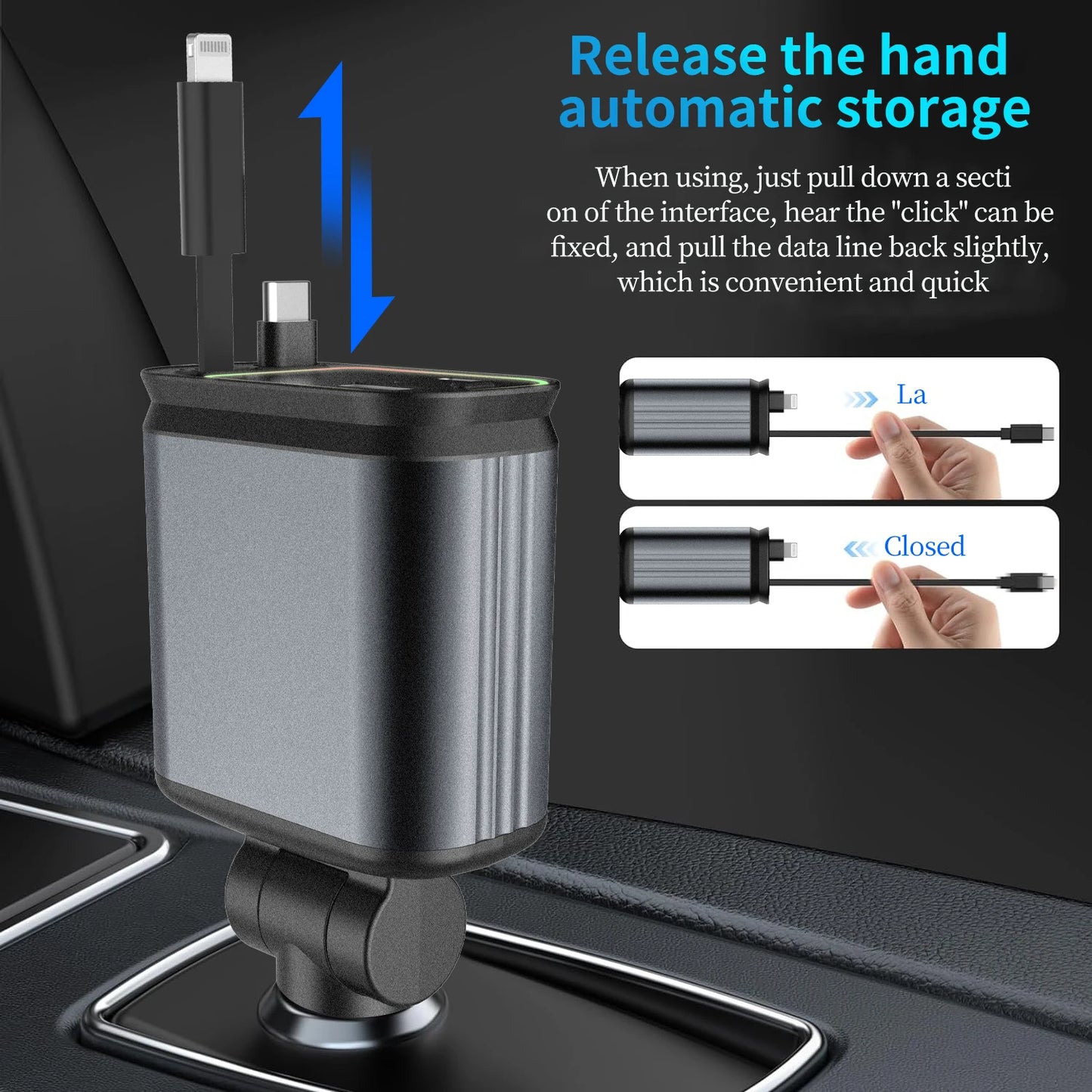 4-In-1 PD30W Car Fast Charger USB Type-C Power Adapter Retractable Phone Charger with Roof Starlight for IOS Android Phones