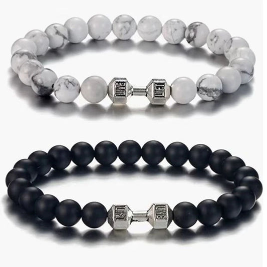 New Dumbbells Beaded Charm Bracelets for Men Women Natural Black Lava Stone Bangles Energy Yoga Fitness Barbell Jewelry Gifts