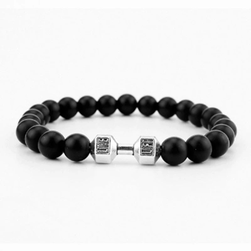 New Dumbbells Beaded Charm Bracelets for Men Women Natural Black Lava Stone Bangles Energy Yoga Fitness Barbell Jewelry Gifts