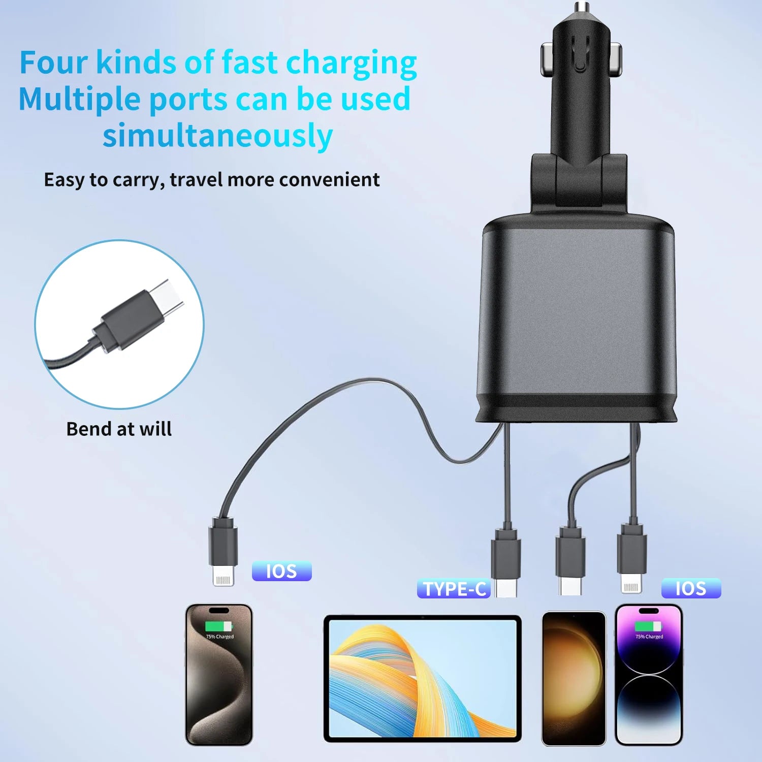 4-In-1 PD30W Car Fast Charger USB Type-C Power Adapter Retractable Phone Charger with Roof Starlight for IOS Android Phones