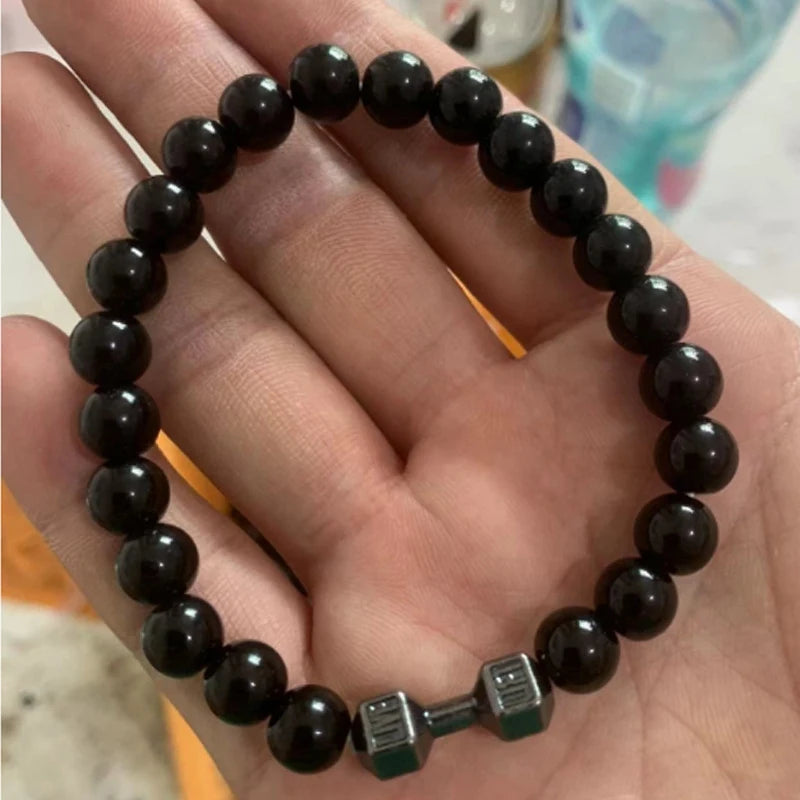 New Dumbbells Beaded Charm Bracelets for Men Women Natural Black Lava Stone Bangles Energy Yoga Fitness Barbell Jewelry Gifts